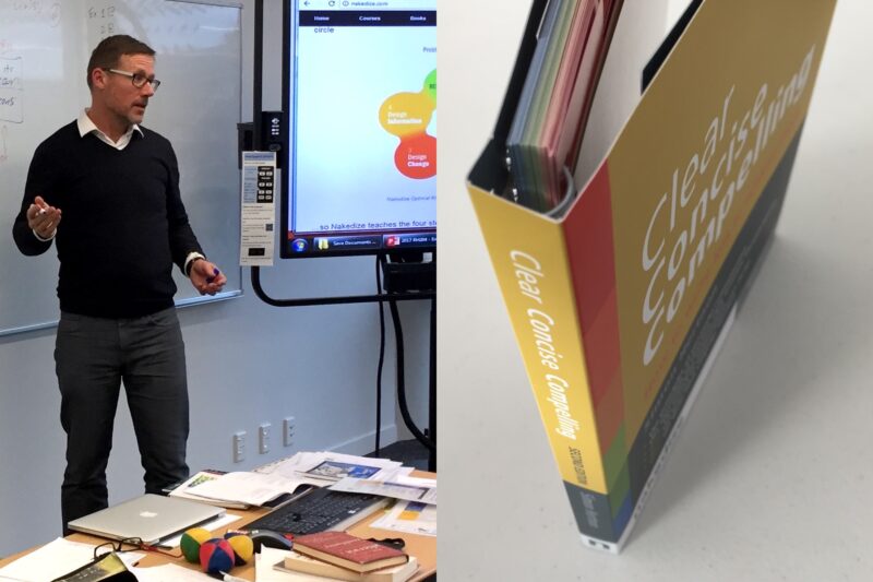 Simon Hertnon presenting and image of book Writing Essentials