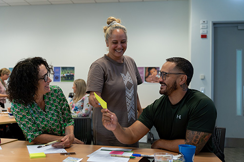 Image of three educators engaging in a professional development workshop.